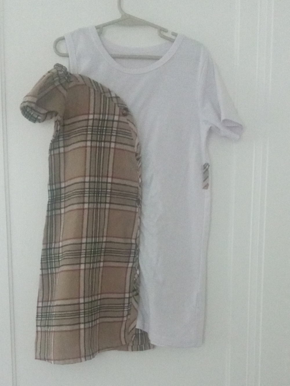 girl 7 white and tan plaid tshirt dress